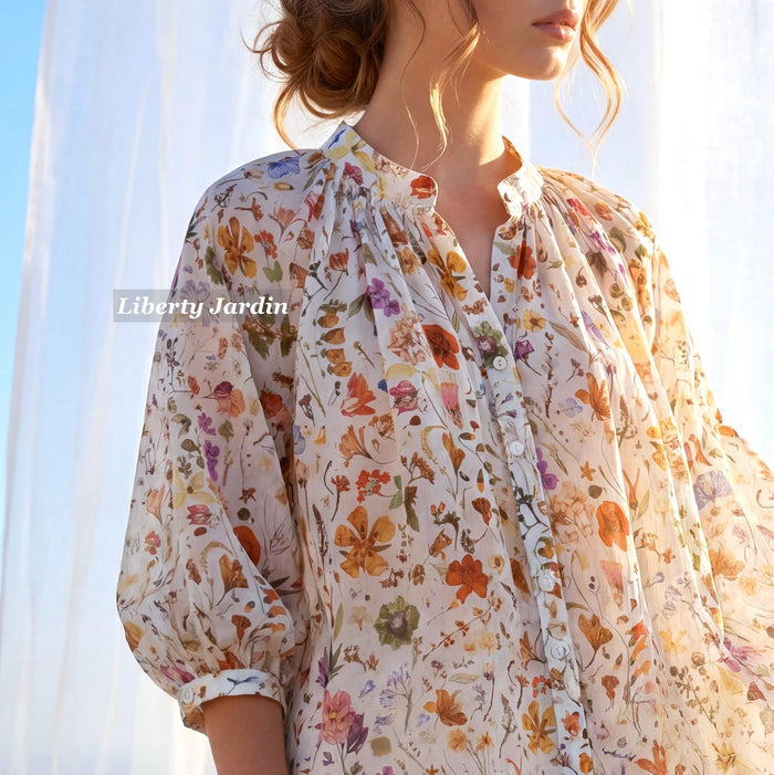 Liberty London Mandarin Collared Blouse, Bespoke Raglan 3/4 Sleeves Top, Handmade Botanical Shirt, Sustainable Personalised Cotton Clothing