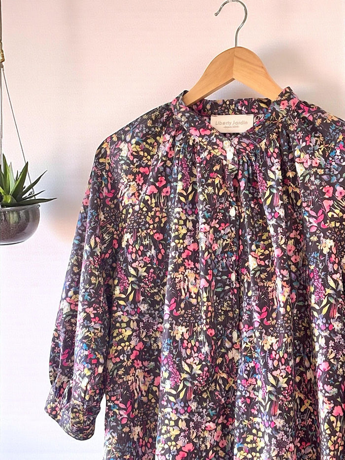 Liberty London Mandarin Collared Blouse, Bespoke Raglan 3/4 Sleeves Top, Handmade Botanical Shirt, Sustainable Personalised Cotton Clothing