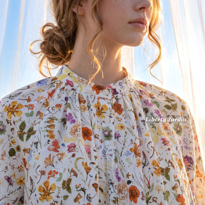 Liberty London Mandarin Collared Blouse, Bespoke Raglan 3/4 Sleeves Top, Handmade Botanical Shirt, Sustainable Personalised Cotton Clothing
