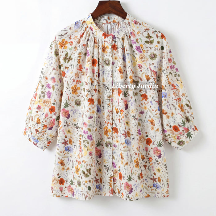 Liberty London Mandarin Collared Blouse, Bespoke Raglan 3/4 Sleeves Top, Handmade Botanical Shirt, Sustainable Personalised Cotton Clothing
