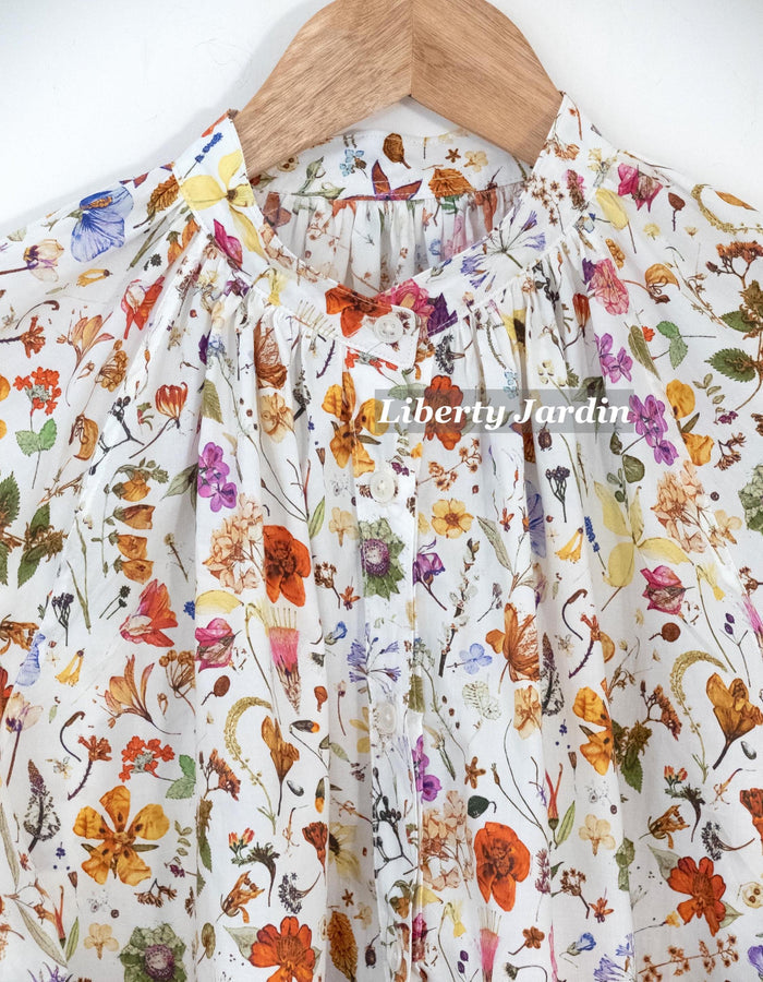 Liberty London Mandarin Collared Blouse, Bespoke Raglan 3/4 Sleeves Top, Handmade Botanical Shirt, Sustainable Personalised Cotton Clothing
