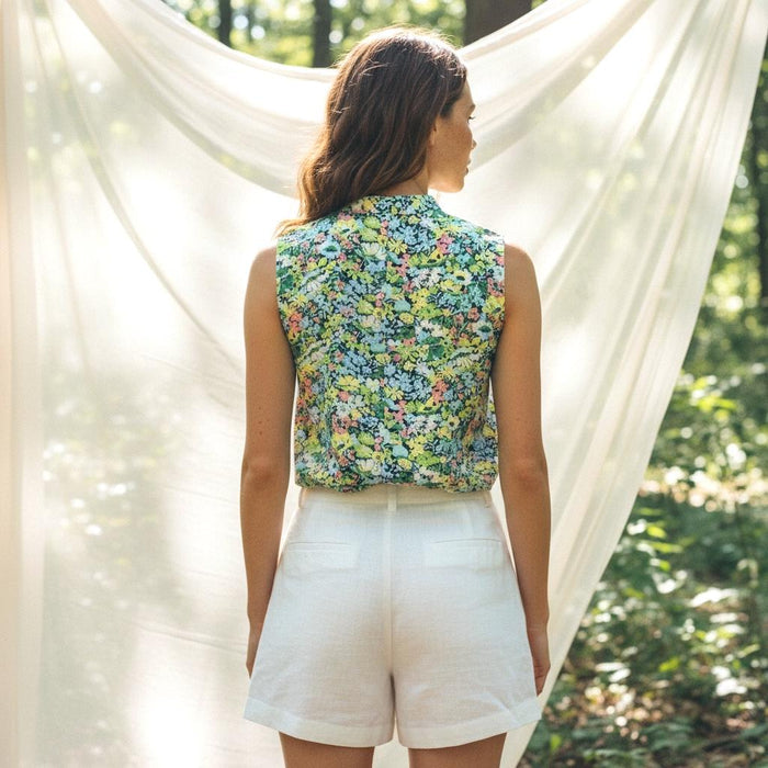 Liberty London Mandarin Collared Button-up Blouse, Handmade Womenswear Floral Print Clothing, Botanical Sustainable Loungewear