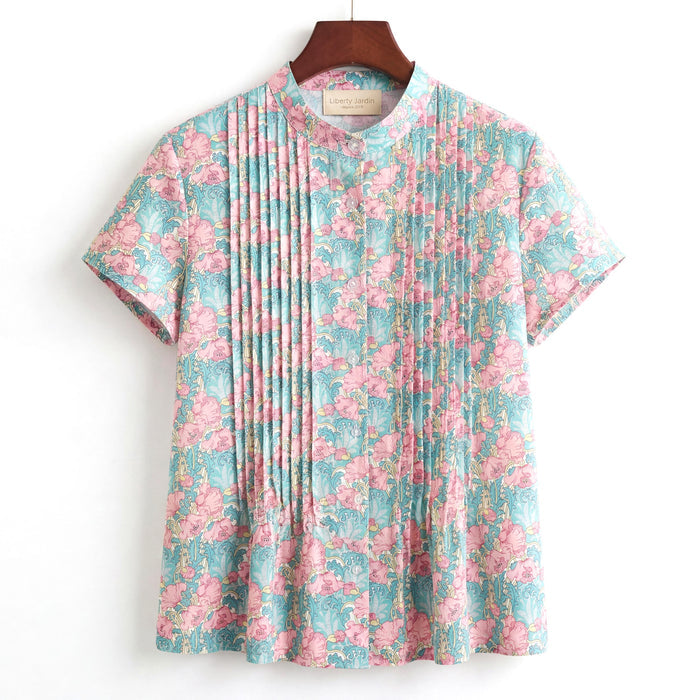 Liberty London Mandarin Collared Pin-tuck Short-sleeved Top, Button-up Blouse, Handcrafted Personalised Shirt, Tailoring Chemise