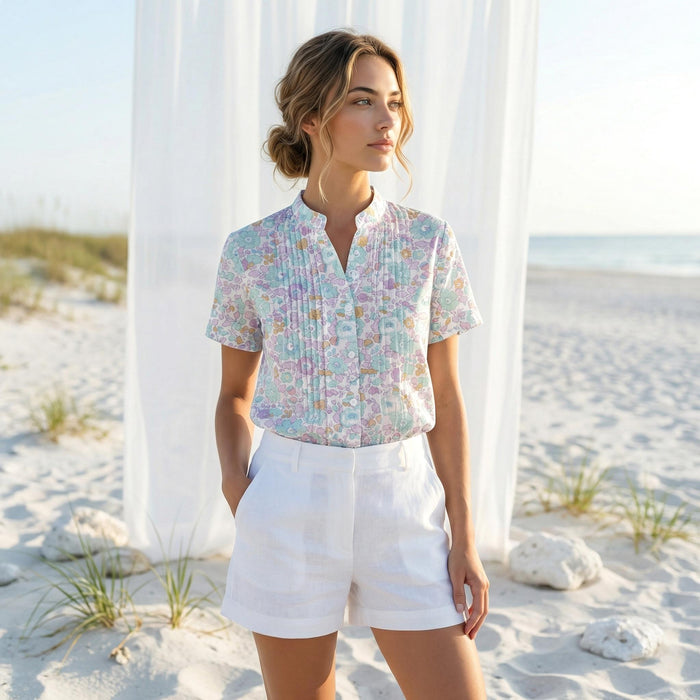 Liberty London Mandarin Collared Pin-tuck Short-sleeved Top, Button-up Blouse, Handcrafted Personalised Shirt, Tailoring Chemise