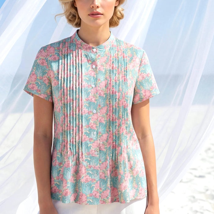 Liberty London Mandarin Collared Pin-tuck Short-sleeved Top, Button-up Blouse, Handcrafted Personalised Shirt, Tailoring Chemise
