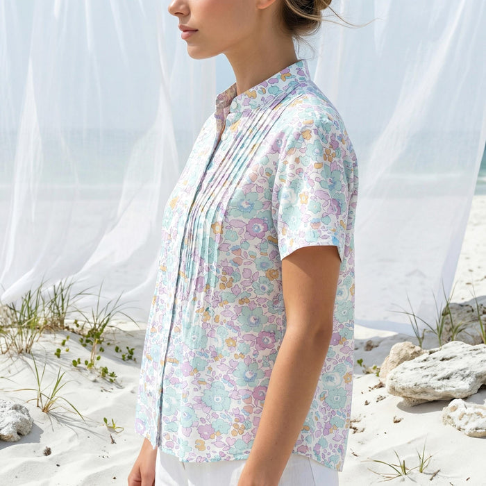 Liberty London Mandarin Collared Pin-tuck Short-sleeved Top, Button-up Blouse, Handcrafted Personalised Shirt, Tailoring Chemise