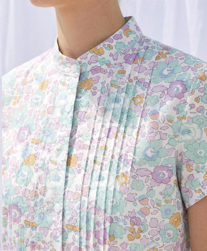Liberty London Mandarin Collared Pin-tuck Short-sleeved Top, Button-up Blouse, Handcrafted Personalised Shirt, Tailoring Chemise