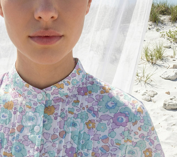 Liberty London Mandarin Collared Pin-tuck Short-sleeved Top, Button-up Blouse, Handcrafted Personalised Shirt, Tailoring Chemise