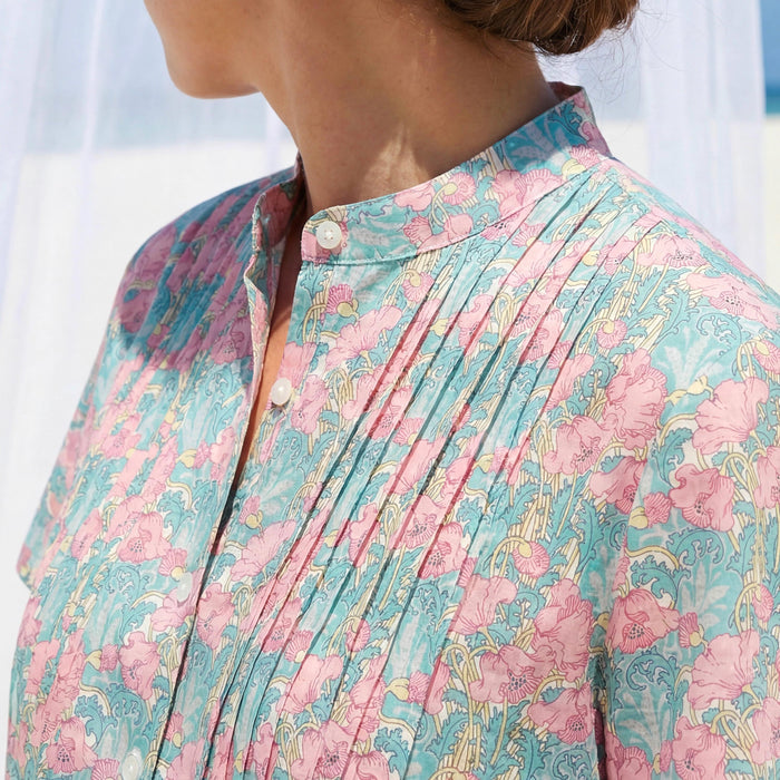 Liberty London Mandarin Collared Pin-tuck Short-sleeved Top, Button-up Blouse, Handcrafted Personalised Shirt, Tailoring Chemise