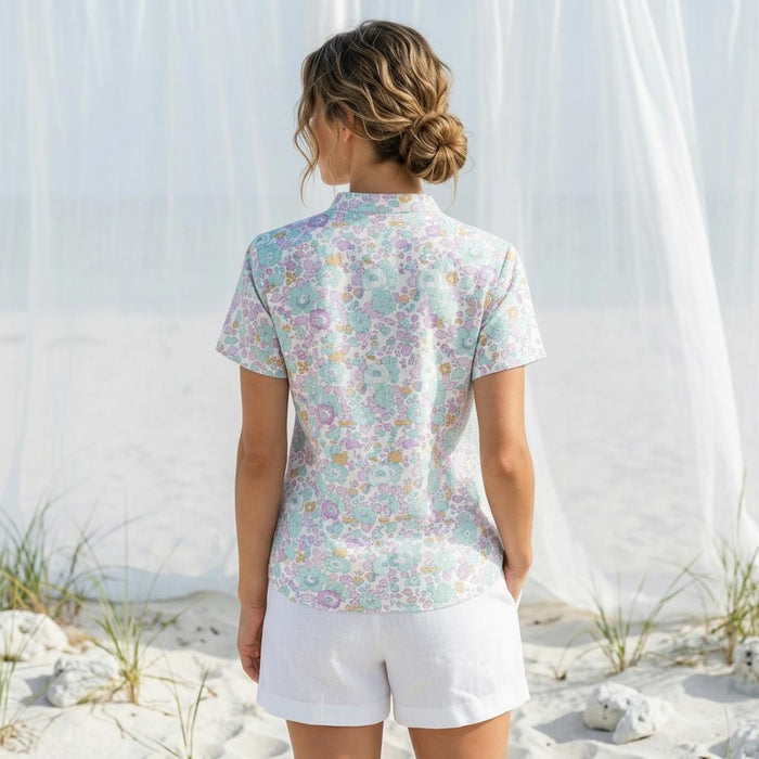 Liberty London Mandarin Collared Pin-tuck Short-sleeved Top, Button-up Blouse, Handcrafted Personalised Shirt, Tailoring Chemise