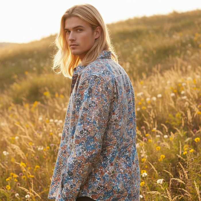 Liberty London Men Long Sleeve Button Up Shirt: Botanical Floral Print Cotton Fabric
