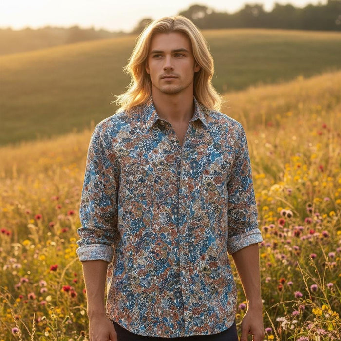 Liberty London Men Long Sleeve Button Up Shirt: Botanical Floral Print Cotton Fabric