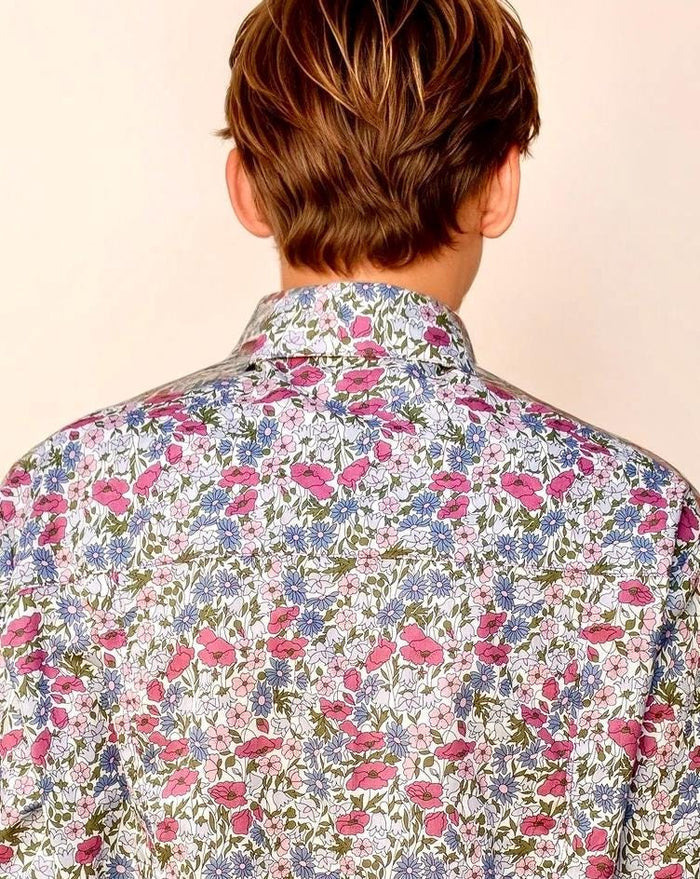 Liberty London Men Long Sleeve Button Up Shirt: Botanical Floral Print Cotton Fabric