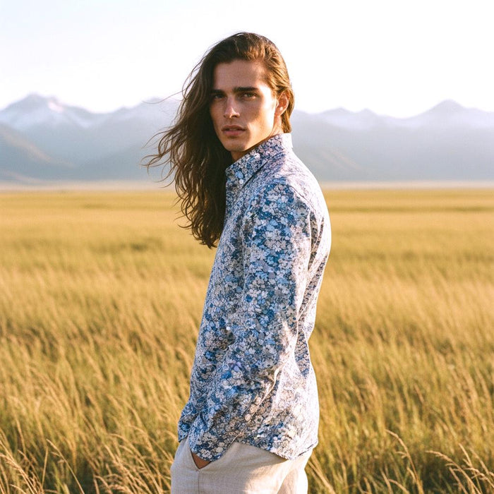 Liberty London Men Long Sleeve Dress Shirt: Botanical Floral Print Cotton, Button Up