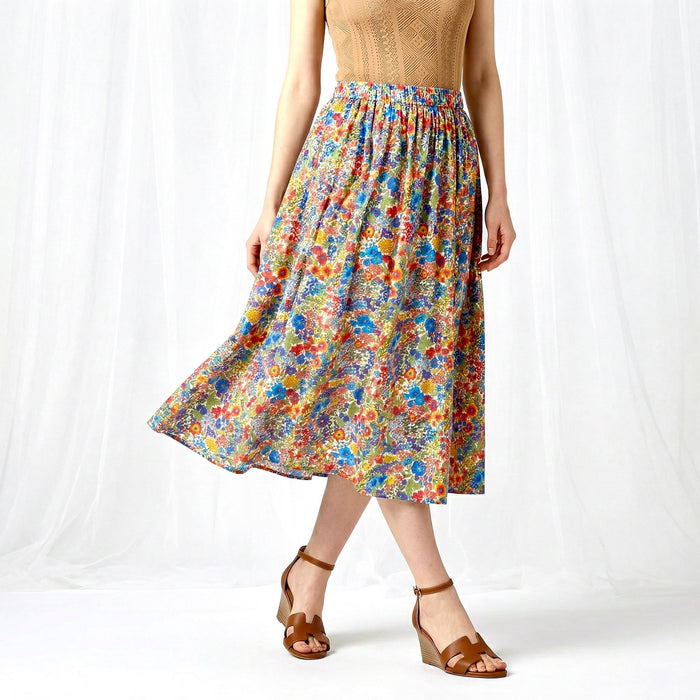 Liberty London Midi Flowy Skirt, Handmade Botanical Womenswear, Ethical Cotton Clothing, Personalised Tailoring Eveningwear