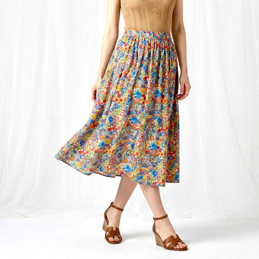 Liberty London Midi Flowy Skirt, Handmade Botanical Womenswear, Ethical Cotton Clothing, Personalised Tailoring Eveningwear