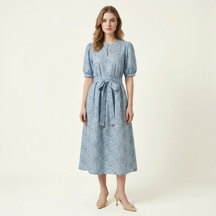 Liberty London Midi-Length Dress, Ditsy Floral-Print Puffed-Sleeves Cotton Clothing, Handmade Slow-Fashioned Womenswear, Botanical Gown