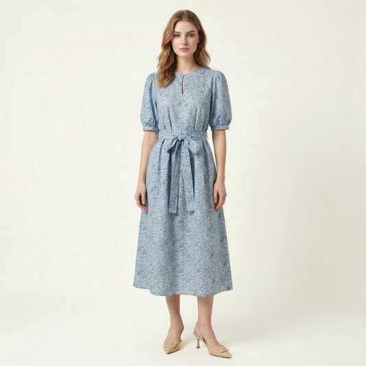 Liberty London Midi-Length Dress, Ditsy Floral-Print Puffed-Sleeves Cotton Clothing, Handmade Slow-Fashioned Womenswear, Botanical Gown