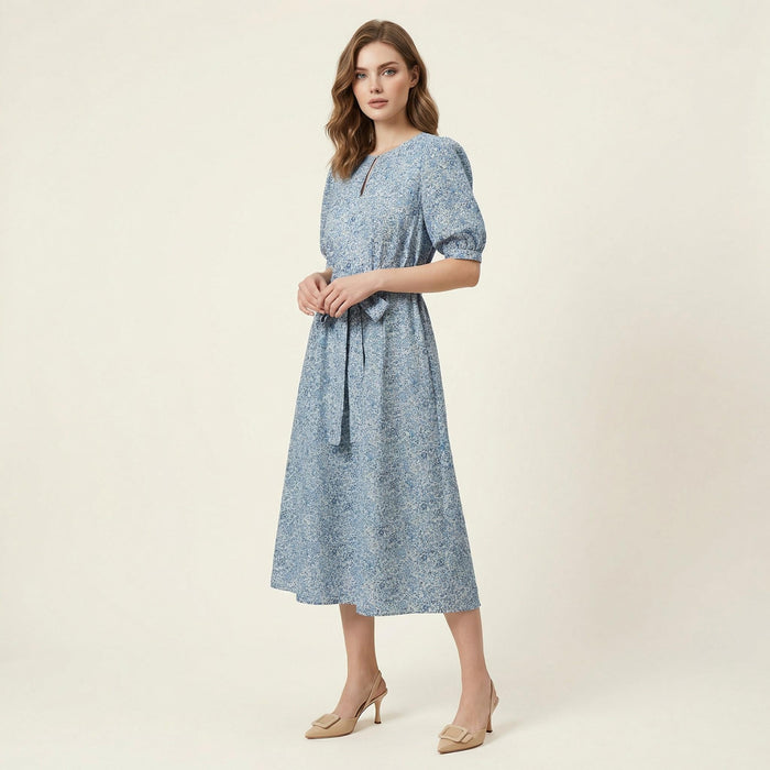 Liberty London Midi-Length Dress, Ditsy Floral-Print Puffed-Sleeves Cotton Clothing, Handmade Slow-Fashioned Womenswear, Botanical Gown