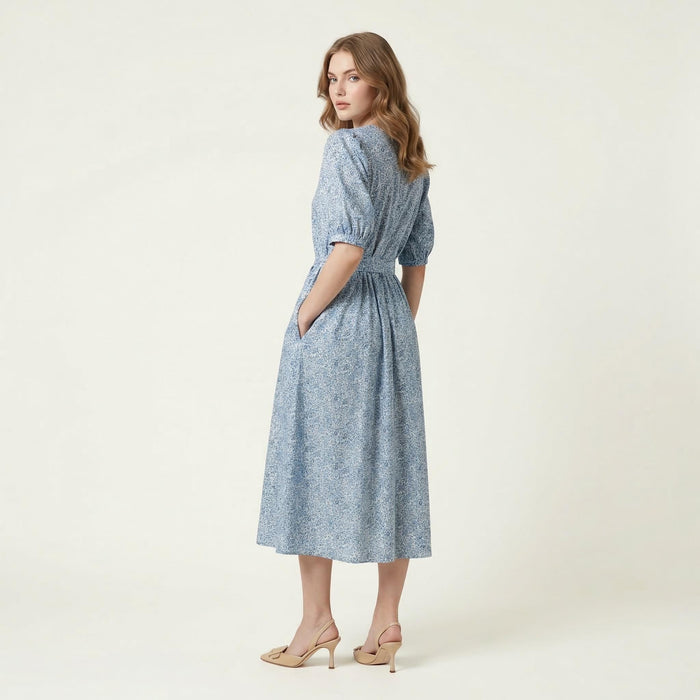 Liberty London Midi-Length Dress, Ditsy Floral-Print Puffed-Sleeves Cotton Clothing, Handmade Slow-Fashioned Womenswear, Botanical Gown