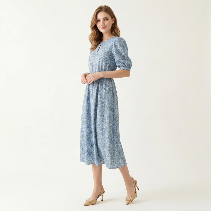 Liberty London Midi-Length Dress, Ditsy Floral-Print Puffed-Sleeves Cotton Clothing, Handmade Slow-Fashioned Womenswear, Botanical Gown