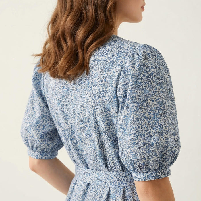 Liberty London Midi-Length Dress, Ditsy Floral-Print Puffed-Sleeves Cotton Clothing, Handmade Slow-Fashioned Womenswear, Botanical Gown