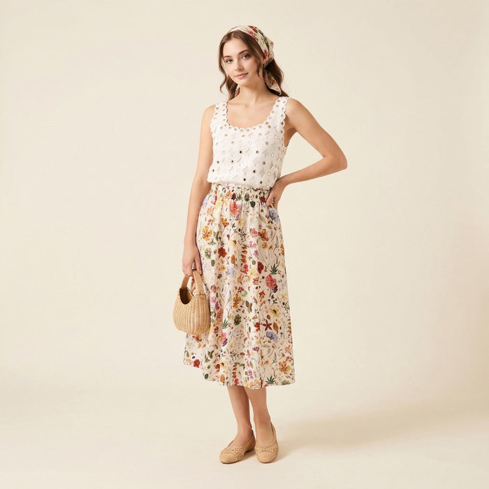 Liberty London Midi-Length Skirt, Handmade Medium Floral-print Womenswear, Slow-fashioned Tailoring Cotton Clothing, Botanical Evening-wear