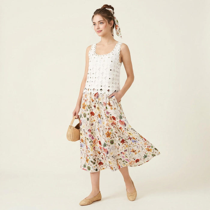 Liberty London Midi-Length Skirt, Handmade Medium Floral-print Womenswear, Slow-fashioned Tailoring Cotton Clothing, Botanical Evening-wear