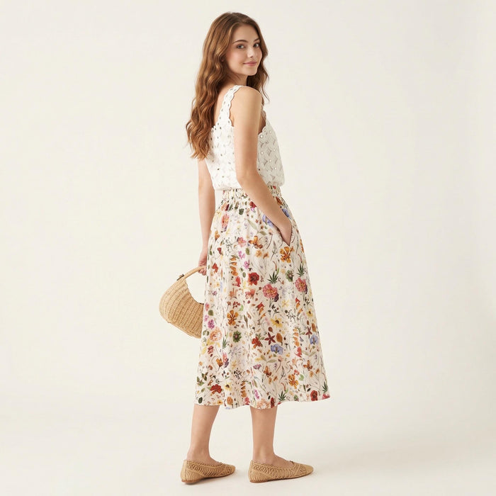 Liberty London Midi-Length Skirt, Handmade Medium Floral-print Womenswear, Slow-fashioned Tailoring Cotton Clothing, Botanical Evening-wear