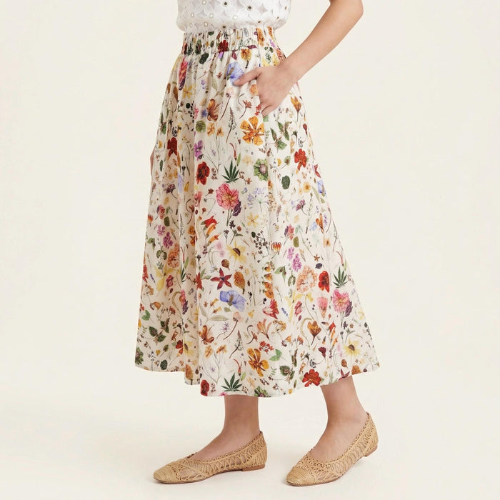 Liberty London Midi-Length Skirt, Handmade Medium Floral-print Womenswear, Slow-fashioned Tailoring Cotton Clothing, Botanical Evening-wear