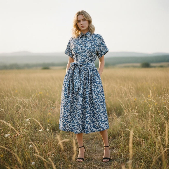 Liberty London Midi Shirt Dress, Drop Shoulder Short Sleeves Blue White Floral Handmade Clothing