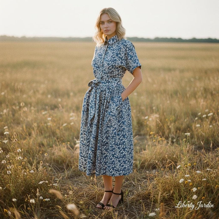 Liberty London Midi Shirt Dress, Drop Shoulder Short Sleeves Blue White Floral Handmade Clothing