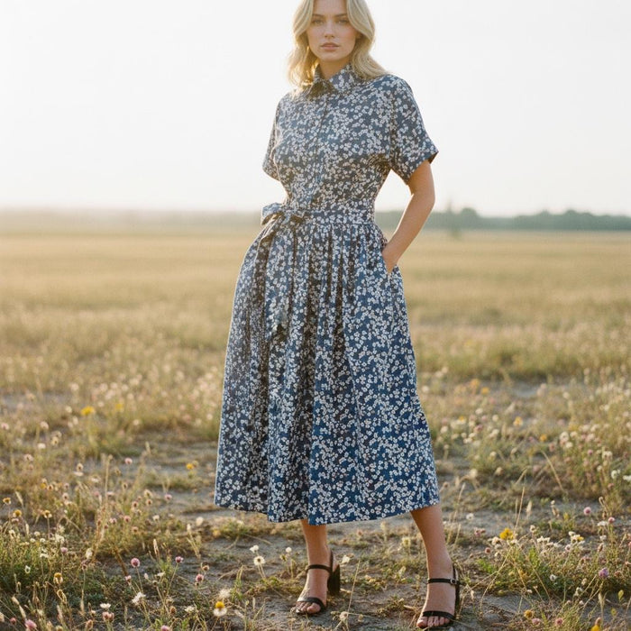 Liberty London Midi Shirt Dress, Drop Shoulder Short Sleeves Blue White Floral Handmade Clothing