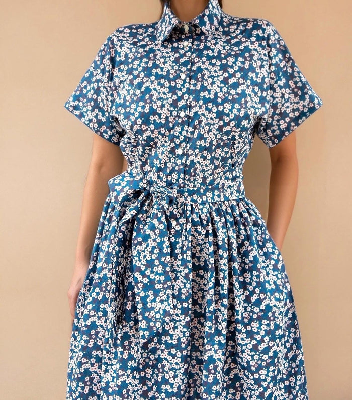 Liberty London Midi Shirt Dress, Drop Shoulder Short Sleeves Blue White Floral Handmade Clothing