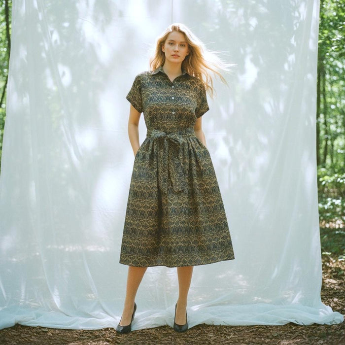 Liberty London Midi Shirt Dress, Drop Shoulder Short Sleeves Navy Gold Print Handmade Clothing