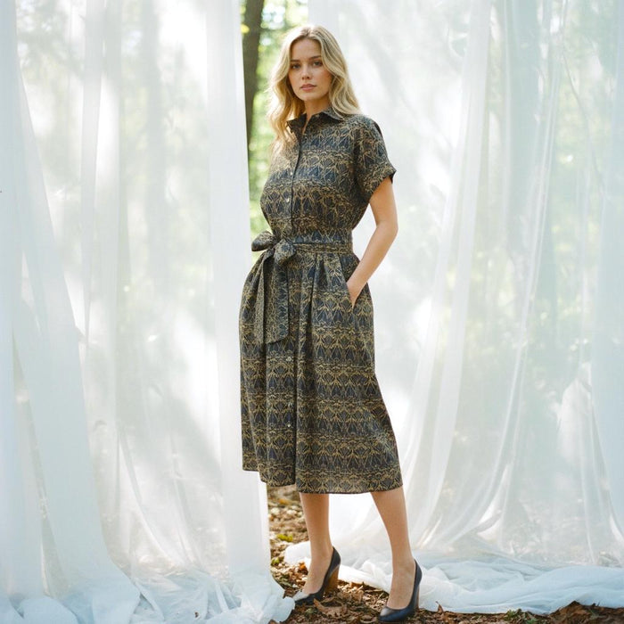 Liberty London Midi Shirt Dress, Drop Shoulder Short Sleeves Navy Gold Print Handmade Clothing