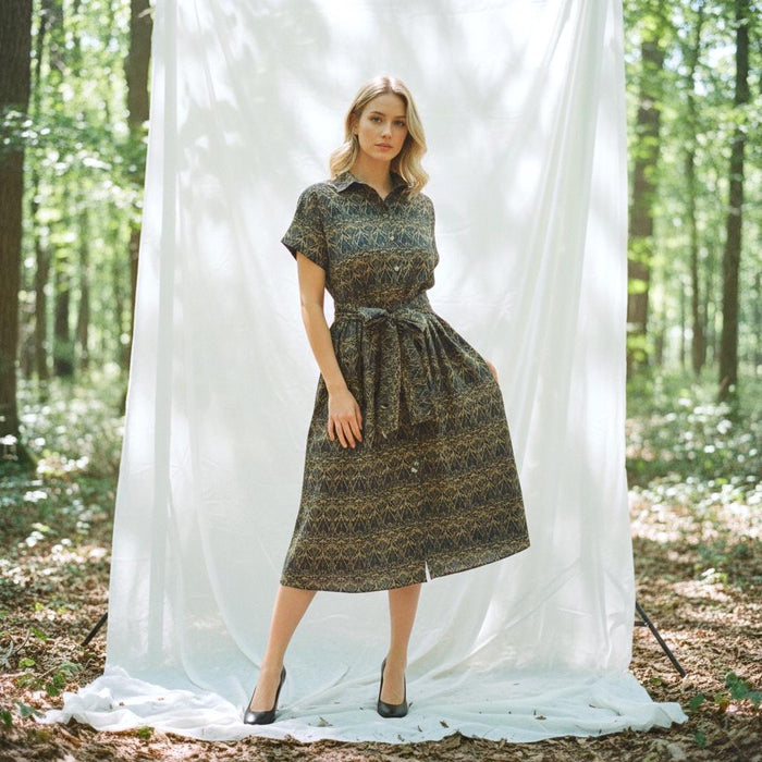 Liberty London Midi Shirt Dress, Drop Shoulder Short Sleeves Navy Gold Print Handmade Clothing