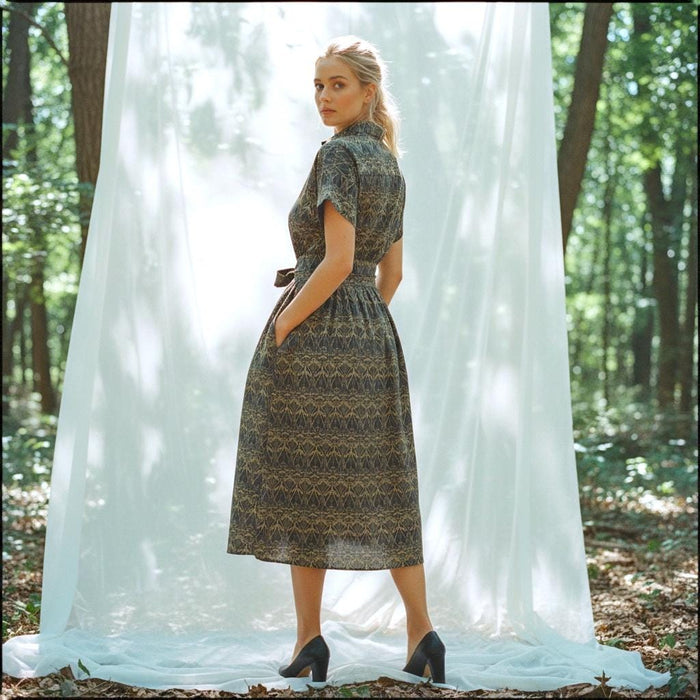 Liberty London Midi Shirt Dress, Drop Shoulder Short Sleeves Navy Gold Print Handmade Clothing