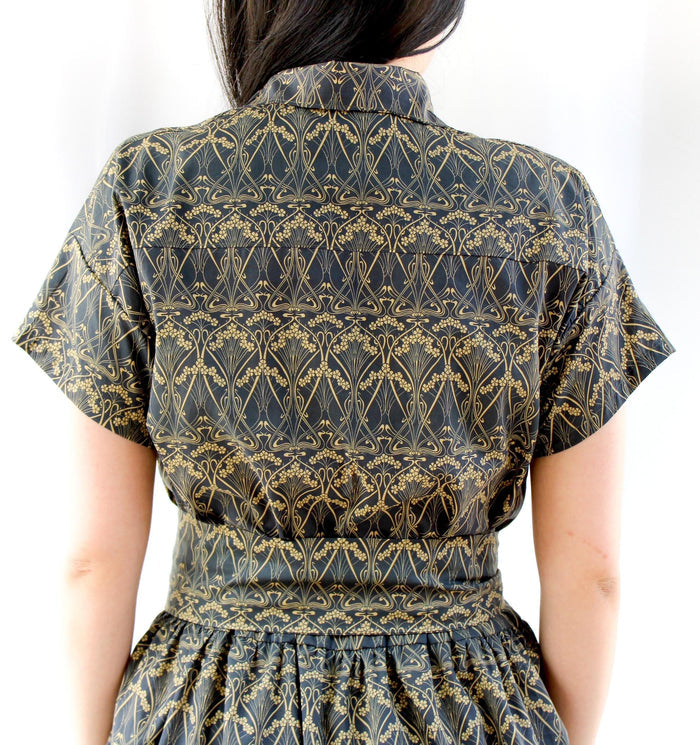 Liberty London Midi Shirt Dress, Drop Shoulder Short Sleeves Navy Gold Print Handmade Clothing