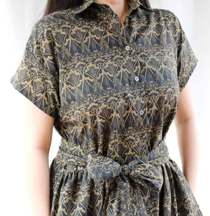 Liberty London Midi Shirt Dress, Drop Shoulder Short Sleeves Navy Gold Print Handmade Clothing