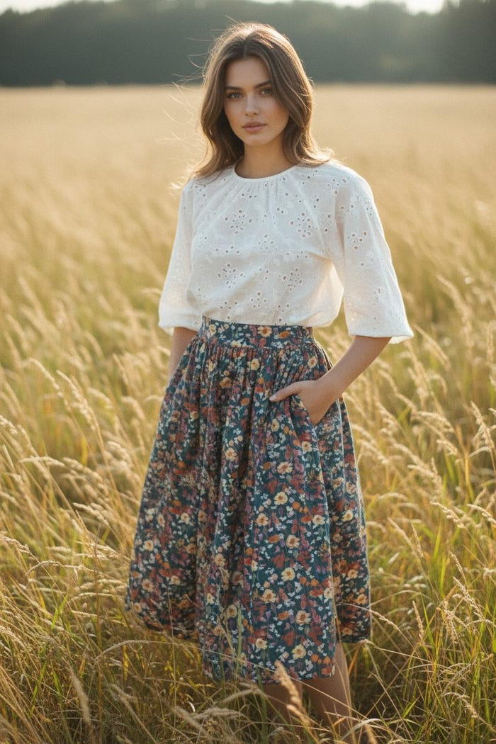Liberty London Midi Skirt, Floral Print Cotton Tana Lawn, Elastic Waist