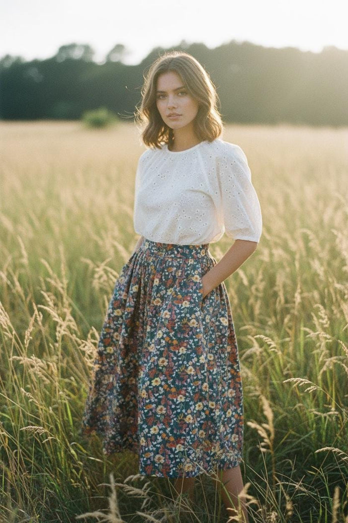 Liberty London Midi Skirt, Floral Print Cotton Tana Lawn, Elastic Waist