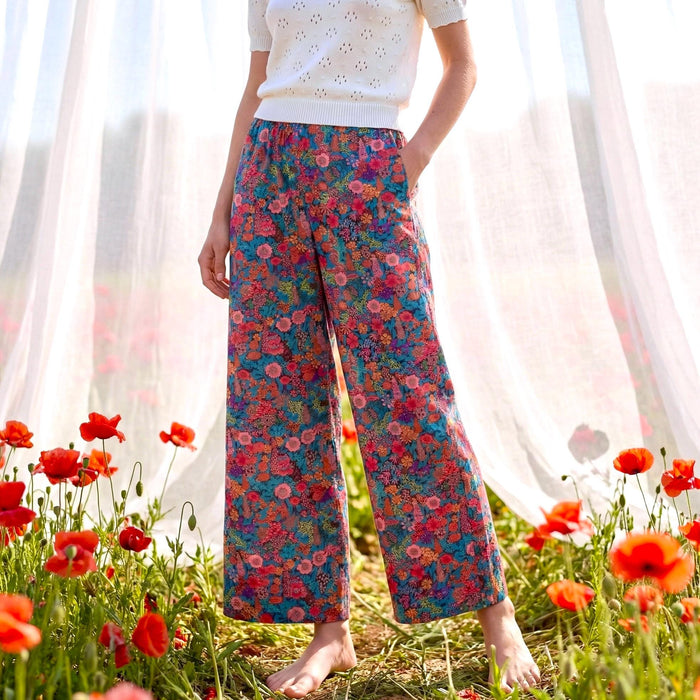 Liberty London Palazzo Pants, Handmade Botanical Floral-print Cotton Trousers, Wide-legged Tailoring Loungewear Bottoms, Ethical-womenswear