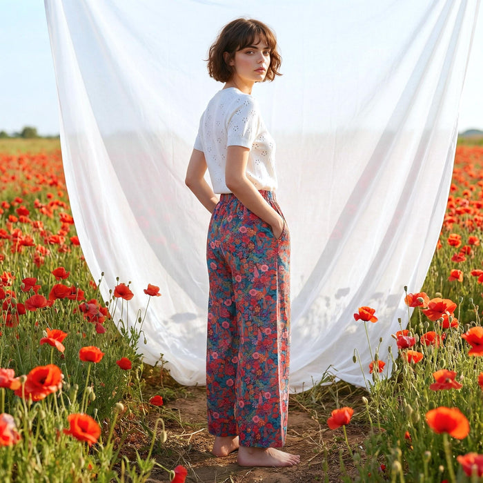 Liberty London Palazzo Pants, Handmade Botanical Floral-print Cotton Trousers, Wide-legged Tailoring Loungewear Bottoms, Ethical-womenswear