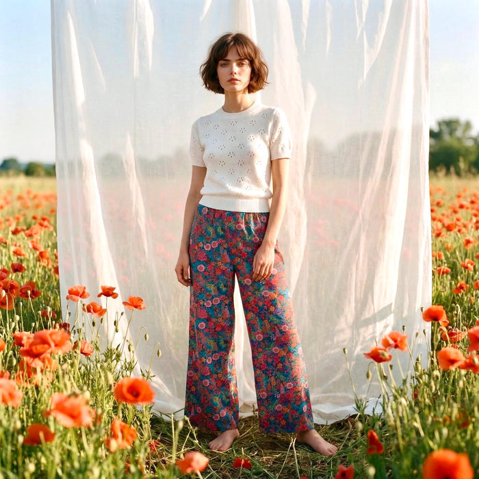 Liberty London Palazzo Pants, Handmade Botanical Floral-print Cotton Trousers, Wide-legged Tailoring Loungewear Bottoms, Ethical-womenswear