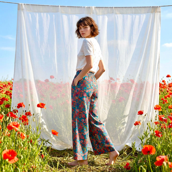 Liberty London Palazzo Pants, Handmade Botanical Floral-print Cotton Trousers, Wide-legged Tailoring Loungewear Bottoms, Ethical-womenswear