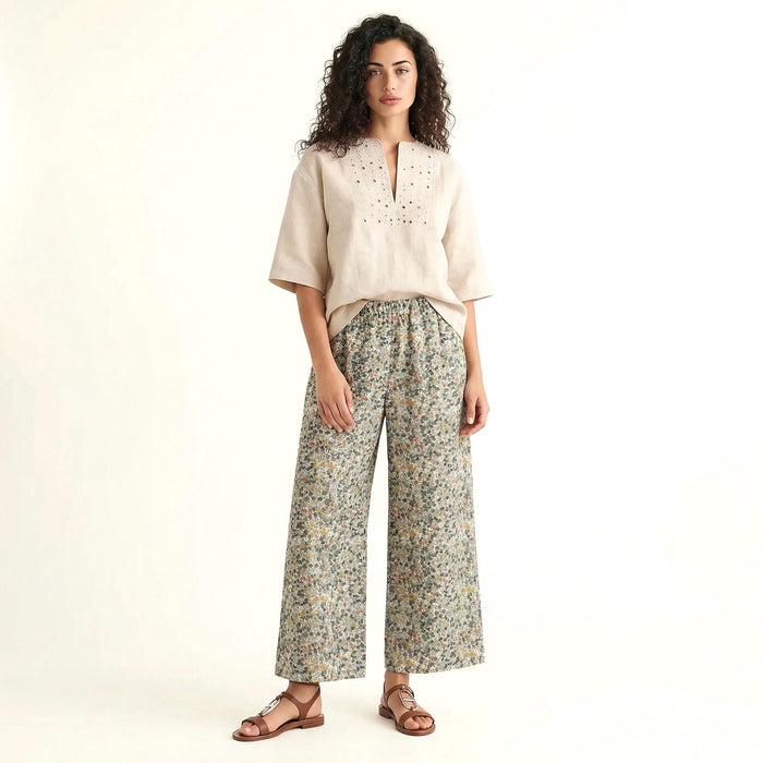 Liberty London Palazzo Pants, Handmade Botanical Floral-Print Trousers, Handmade Loungewear, Sustainable Womenswear, Cotton Clothing