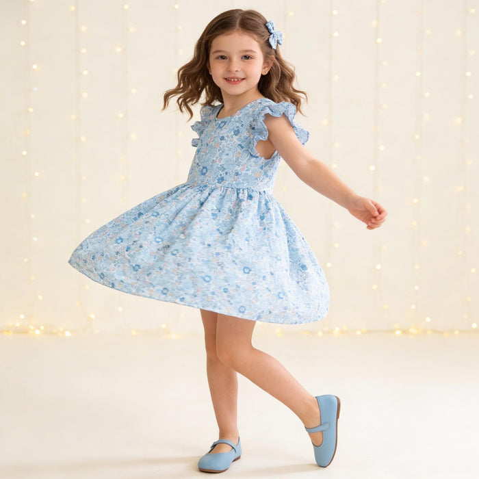 Liberty London Pastel Blue Pink Floral Print Sun Dress, Sleeveless Ruffle Flutter Handmade Dress