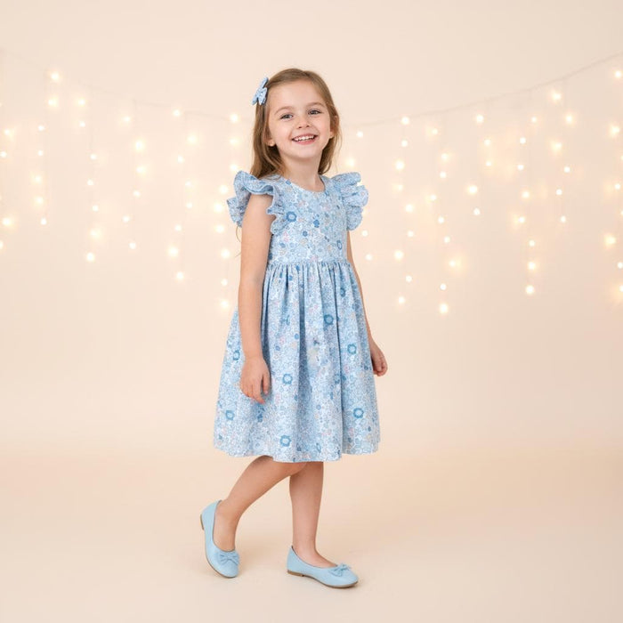 Liberty London Pastel Blue Pink Floral Print Sun Dress, Sleeveless Ruffle Flutter Handmade Dress
