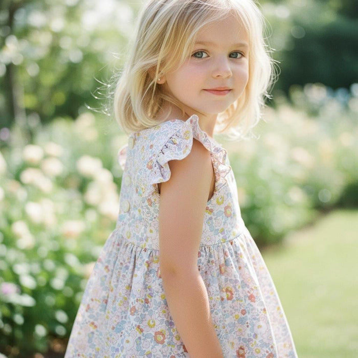 Liberty London Pastel Ruffle Sleeveless Sun Dress, Handmade Floral Print Cotton Tana Lawn Clothing